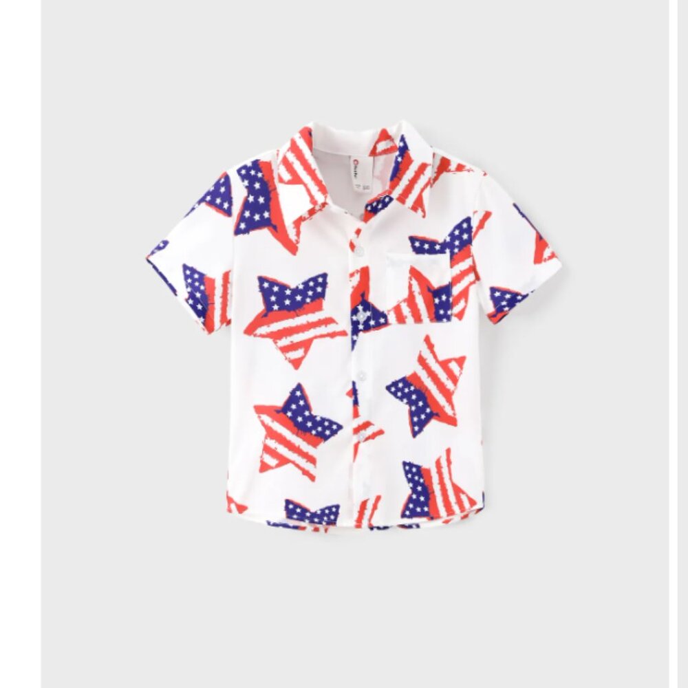NWT White 4th of July Family Outfits – Star Flag Print Kid Boy Shirt